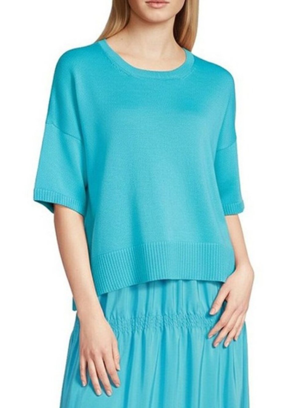 Eileen Fisher Turquoise Crew Neck Top Short Sleeve Organic Cotton Sweater L
